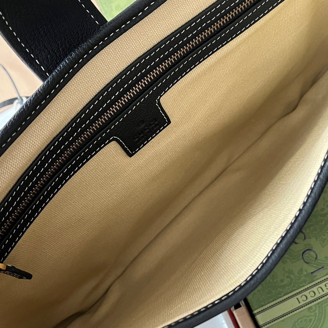 SAC À BANDOULIÈRE MOYEN 39 EN TOILE BEIGE MÉLANGÉE CUIR DE VEAU NOIR QUINCAILLERIE DORÉE