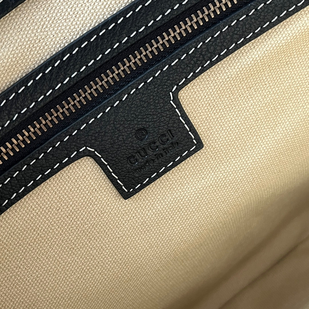 SAC À BANDOULIÈRE MOYEN 39 EN TOILE BEIGE MÉLANGÉE CUIR DE VEAU NOIR QUINCAILLERIE DORÉE
