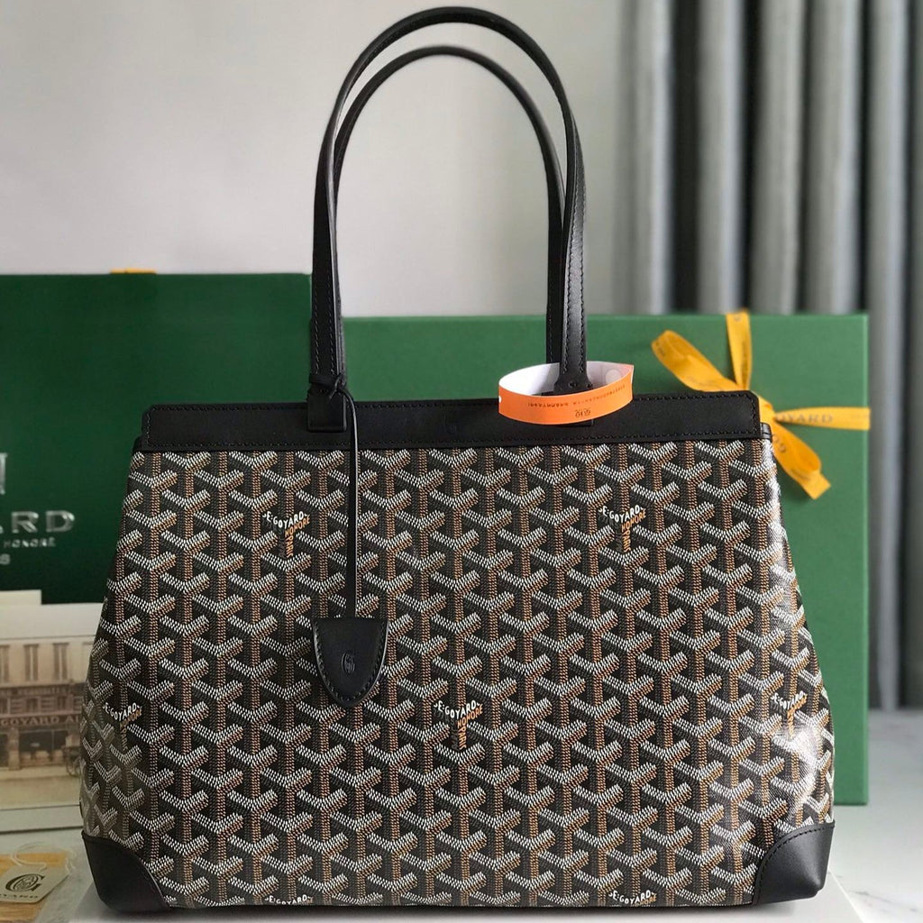SAC BELLECHASSE BIAUDE PM 36 EN TOILE GOYARDINE NOIRE ET GARNITURES EN CUIR DE VEAU