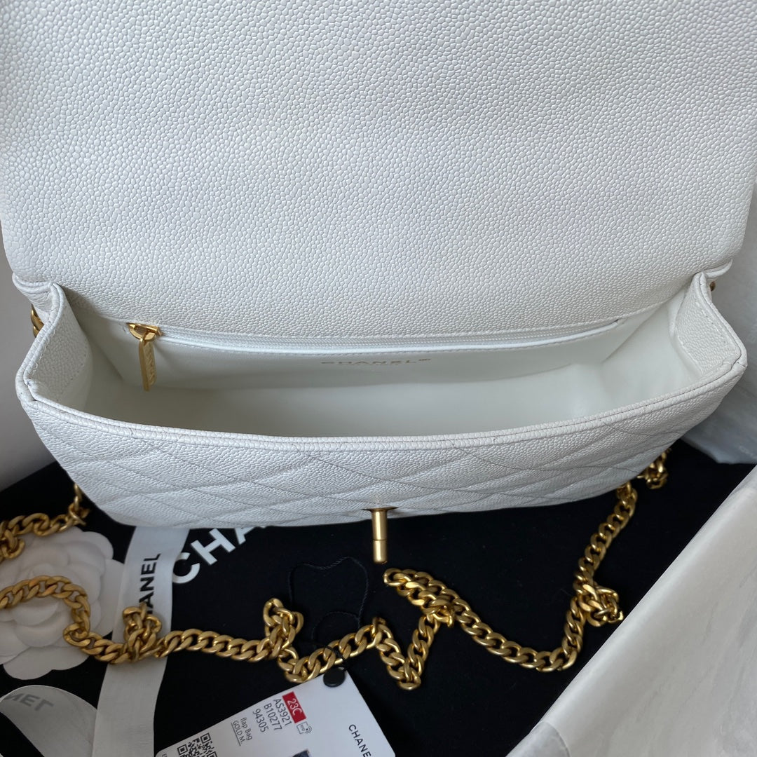 FLAP BAG 24CM WHITE CAVIAR GOLD HARDWARE