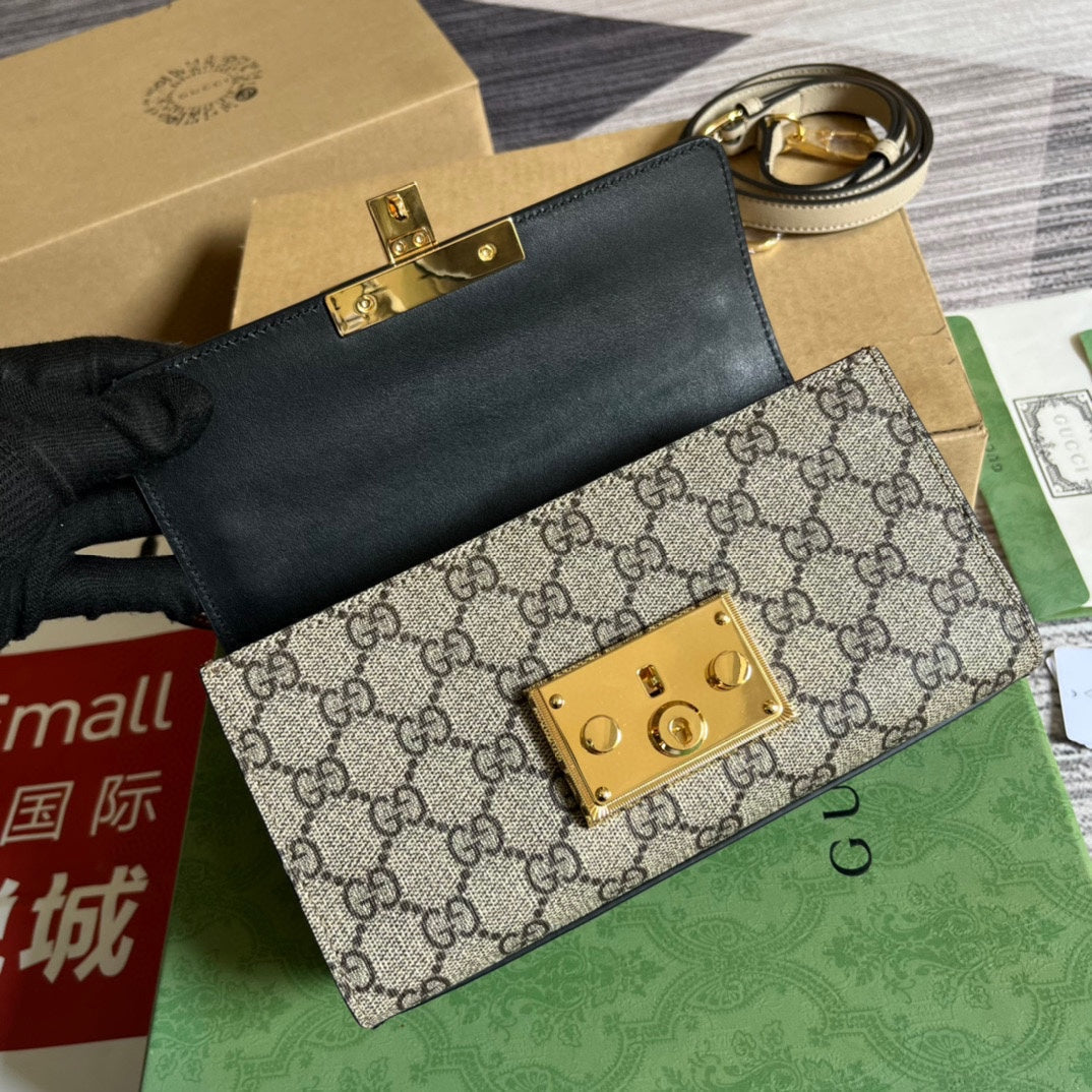 SAC GG PADLOCK 22 PETIT EN CUIR DE VEAU NOIR ET TOILE BEIGE