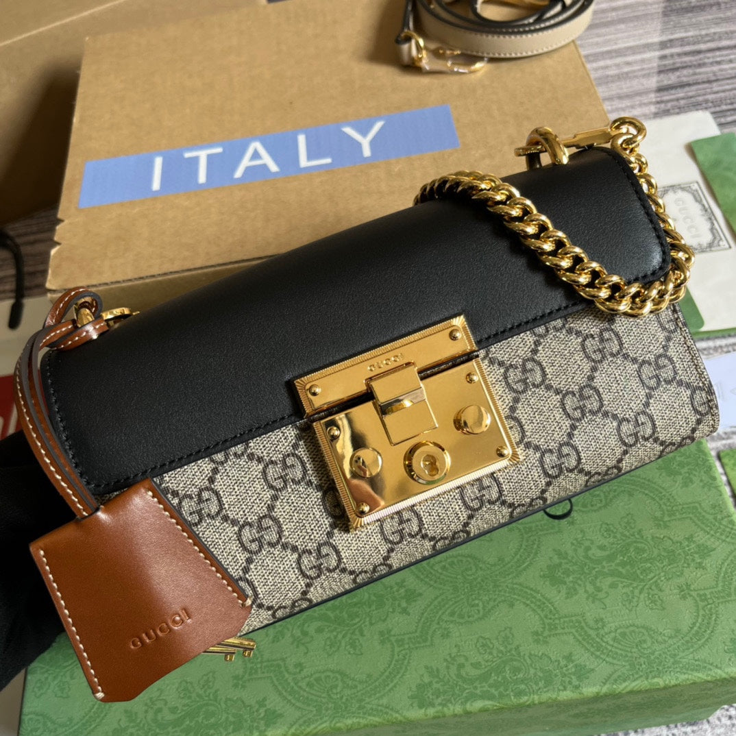 SAC GG PADLOCK 22 PETIT EN CUIR DE VEAU NOIR ET TOILE BEIGE