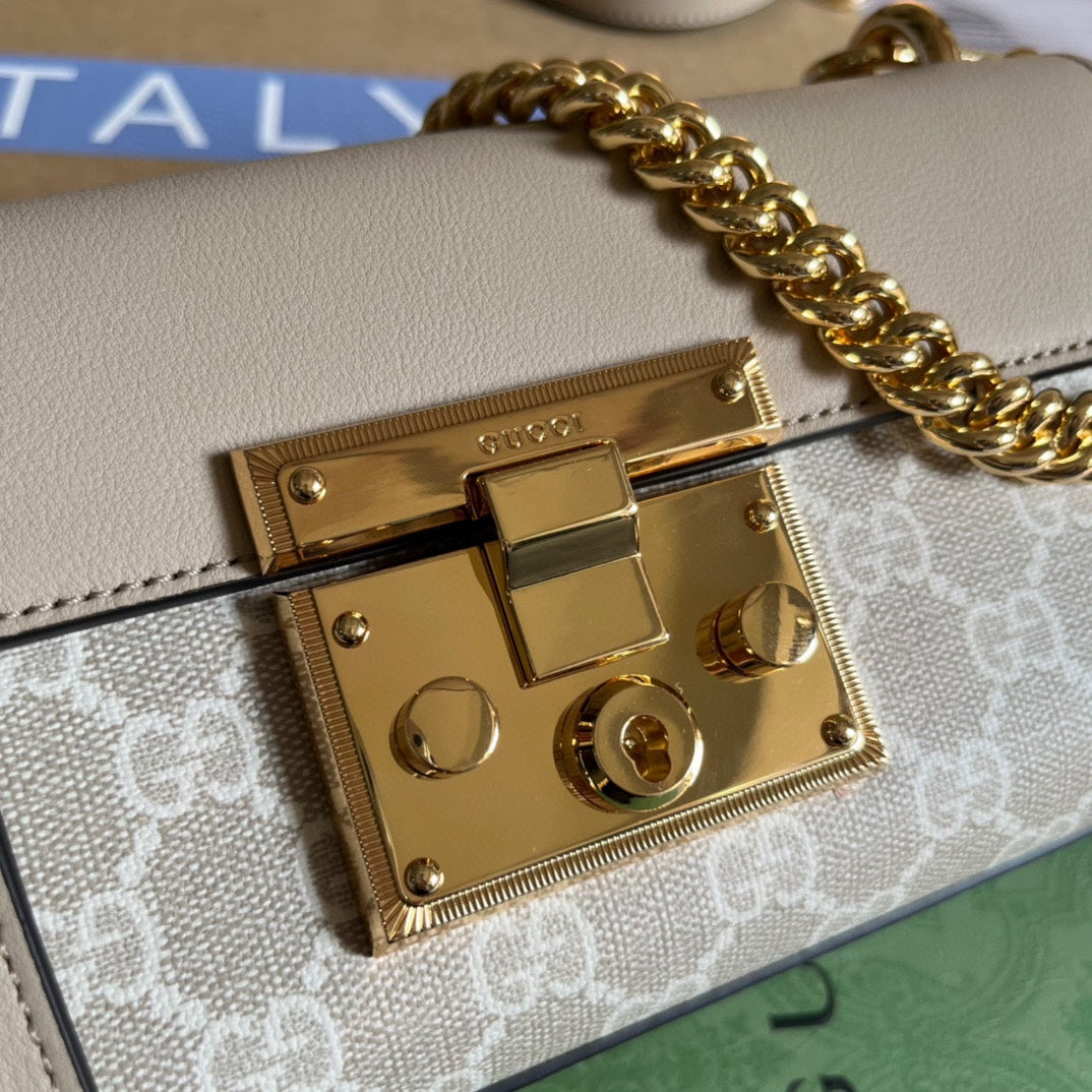 SAC À BANDOULIÈRE PADLOCK 22 PETIT GG EN CUIR DE VEAU BEIGE ET TOILE