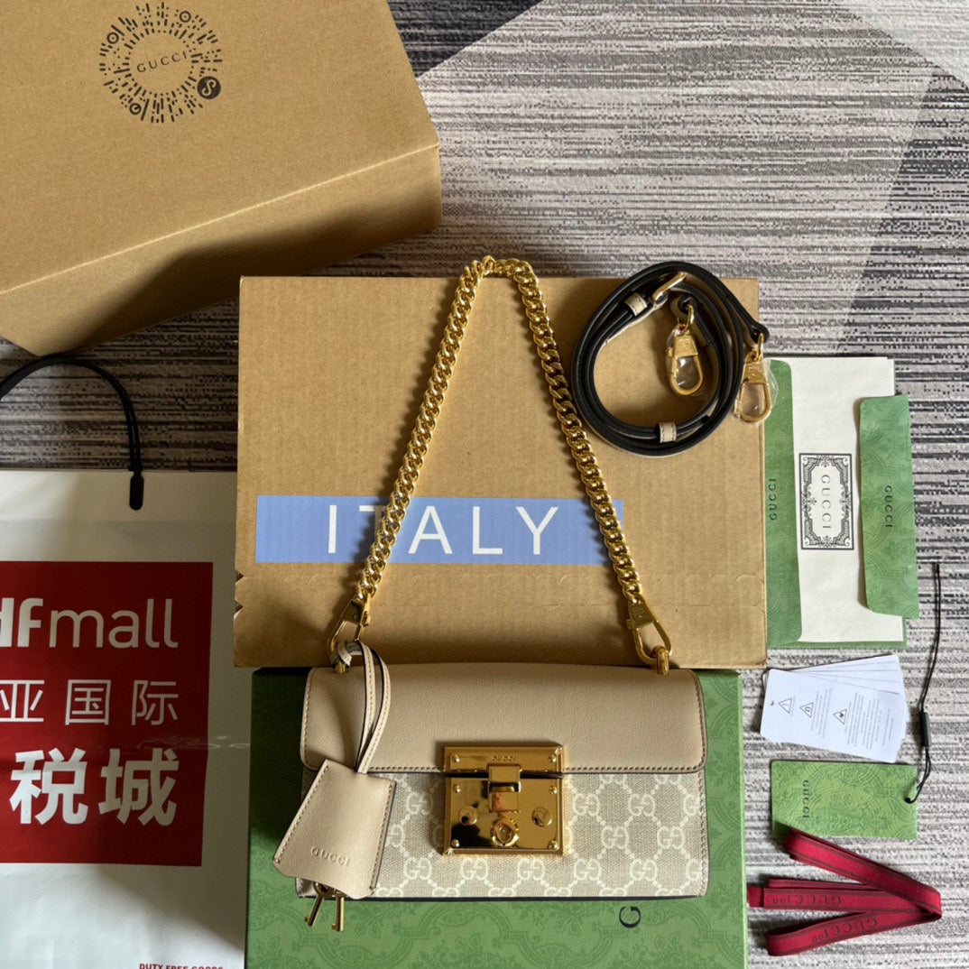 SAC À BANDOULIÈRE PADLOCK 22 PETIT GG EN CUIR DE VEAU BEIGE ET TOILE