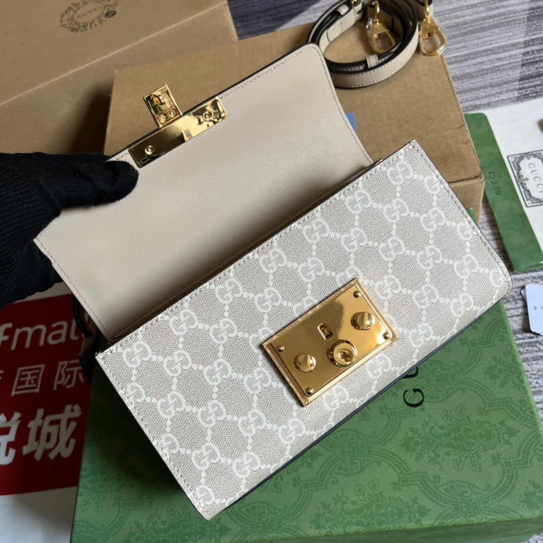 SAC À BANDOULIÈRE PADLOCK 22 PETIT GG EN CUIR DE VEAU BEIGE ET TOILE