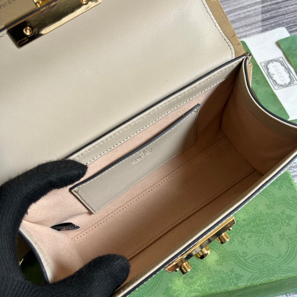 SAC À BANDOULIÈRE PADLOCK 22 PETIT GG EN CUIR DE VEAU BEIGE ET TOILE