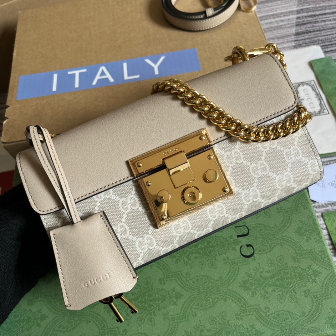 SAC À BANDOULIÈRE PADLOCK 22 PETIT GG EN CUIR DE VEAU BEIGE ET TOILE