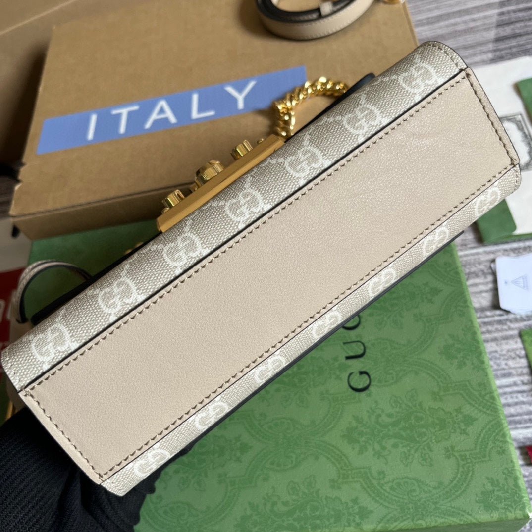 SAC À BANDOULIÈRE PADLOCK 22 PETIT GG EN CUIR DE VEAU BEIGE ET TOILE