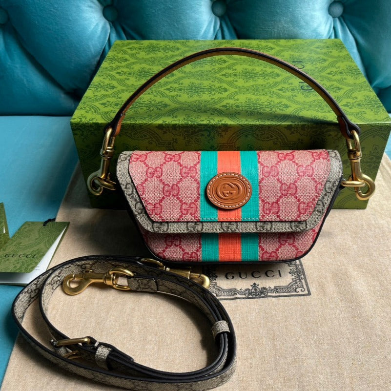 SAC À MAIN GG MINI 13 EN TOILE ROSE CLAIR ET BEIGE