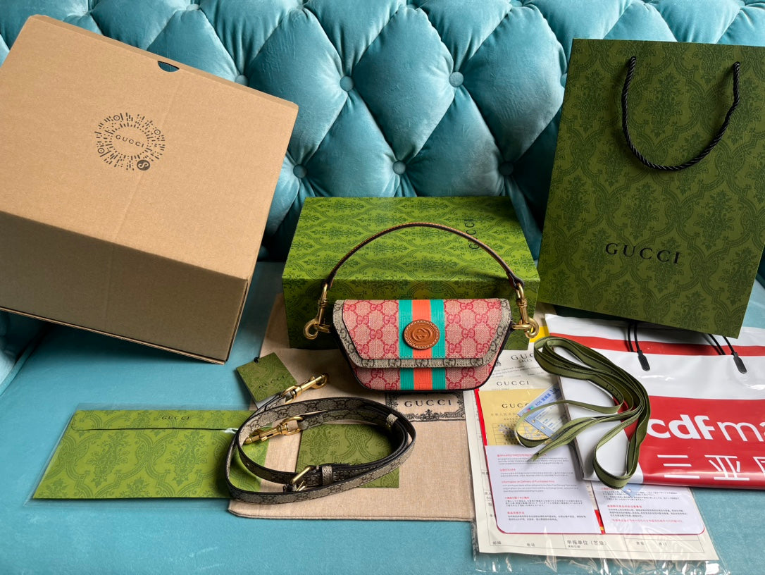 SAC À MAIN GG MINI 13 EN TOILE ROSE CLAIR ET BEIGE
