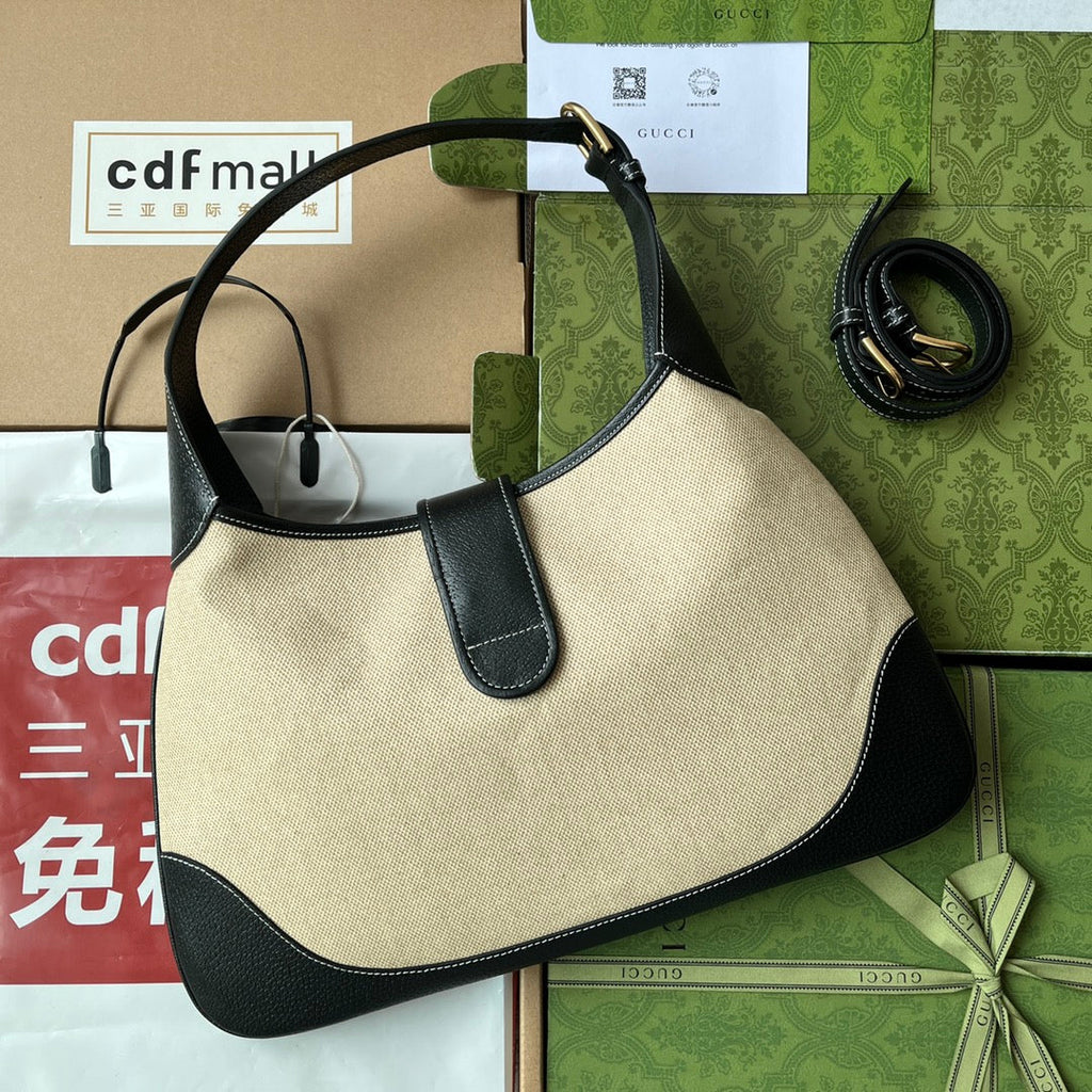 SAC APHRODITE MOYEN 39 EN TOILE BEIGE ET CUIR DE VEAU NOIR, QUINCAILLERIE DORÉ
