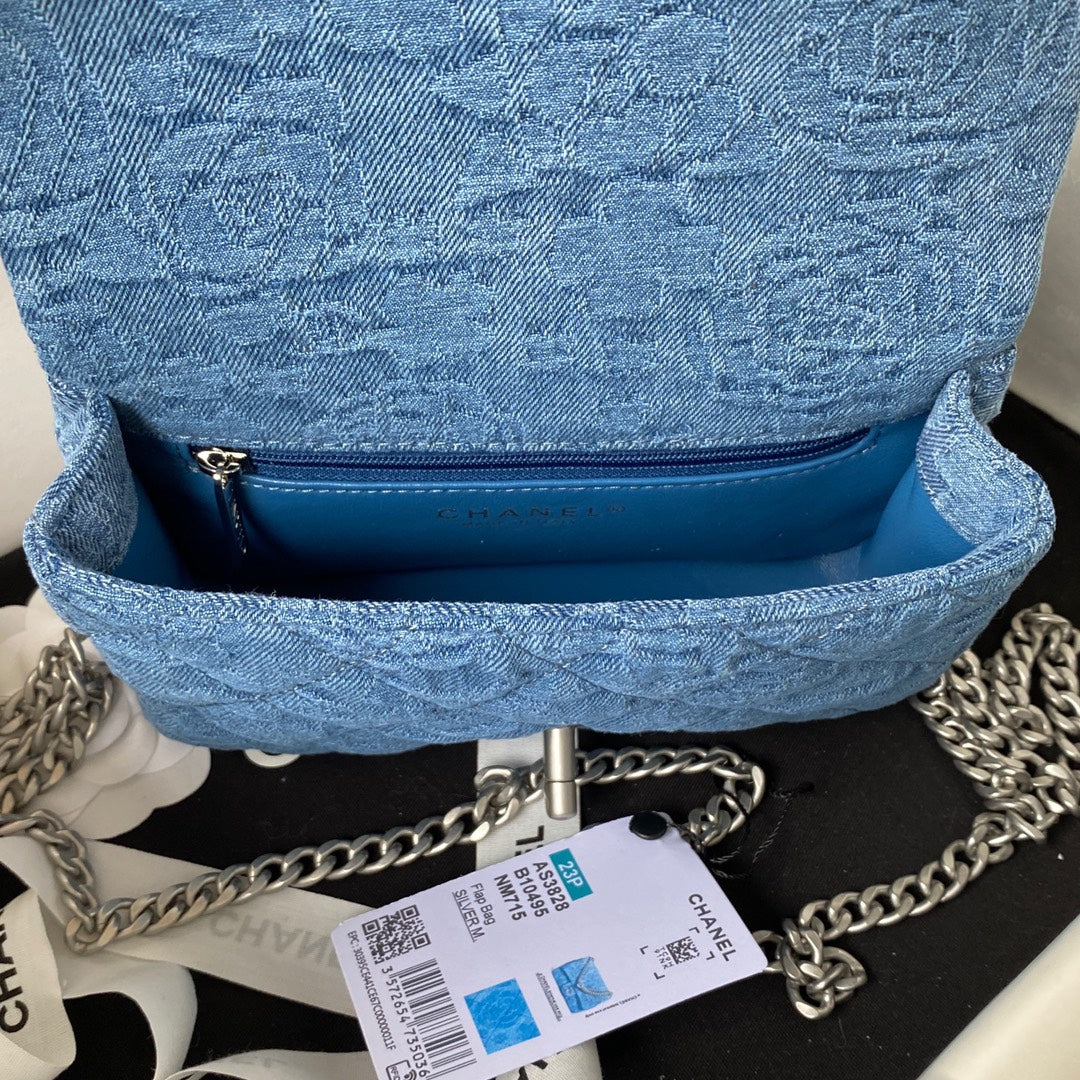 23P FLAP BAG 19CM DENIM SILVER HARDWARE