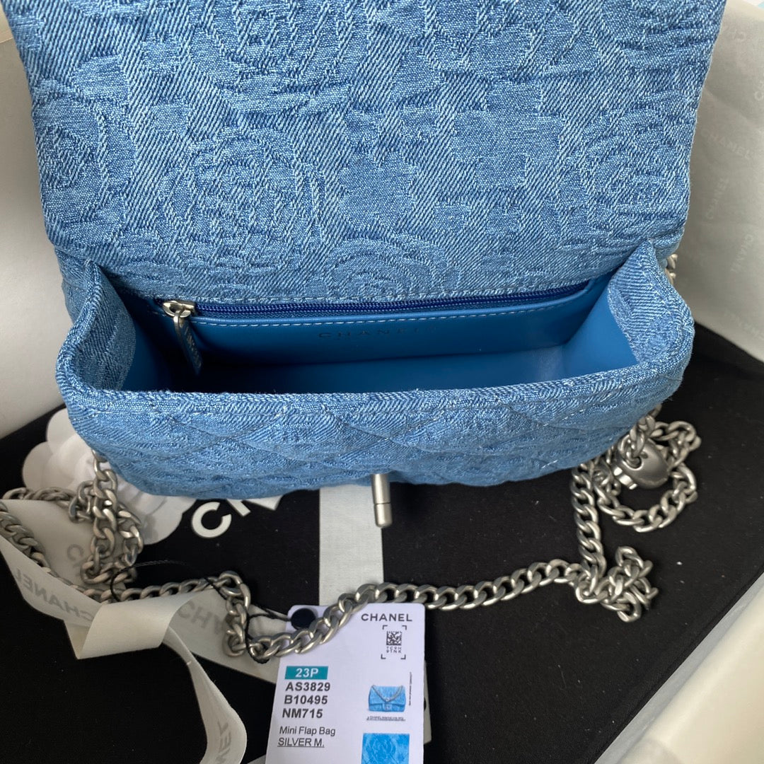 23P FLAP BAG 20CM DENIM SILVER HARDWARE