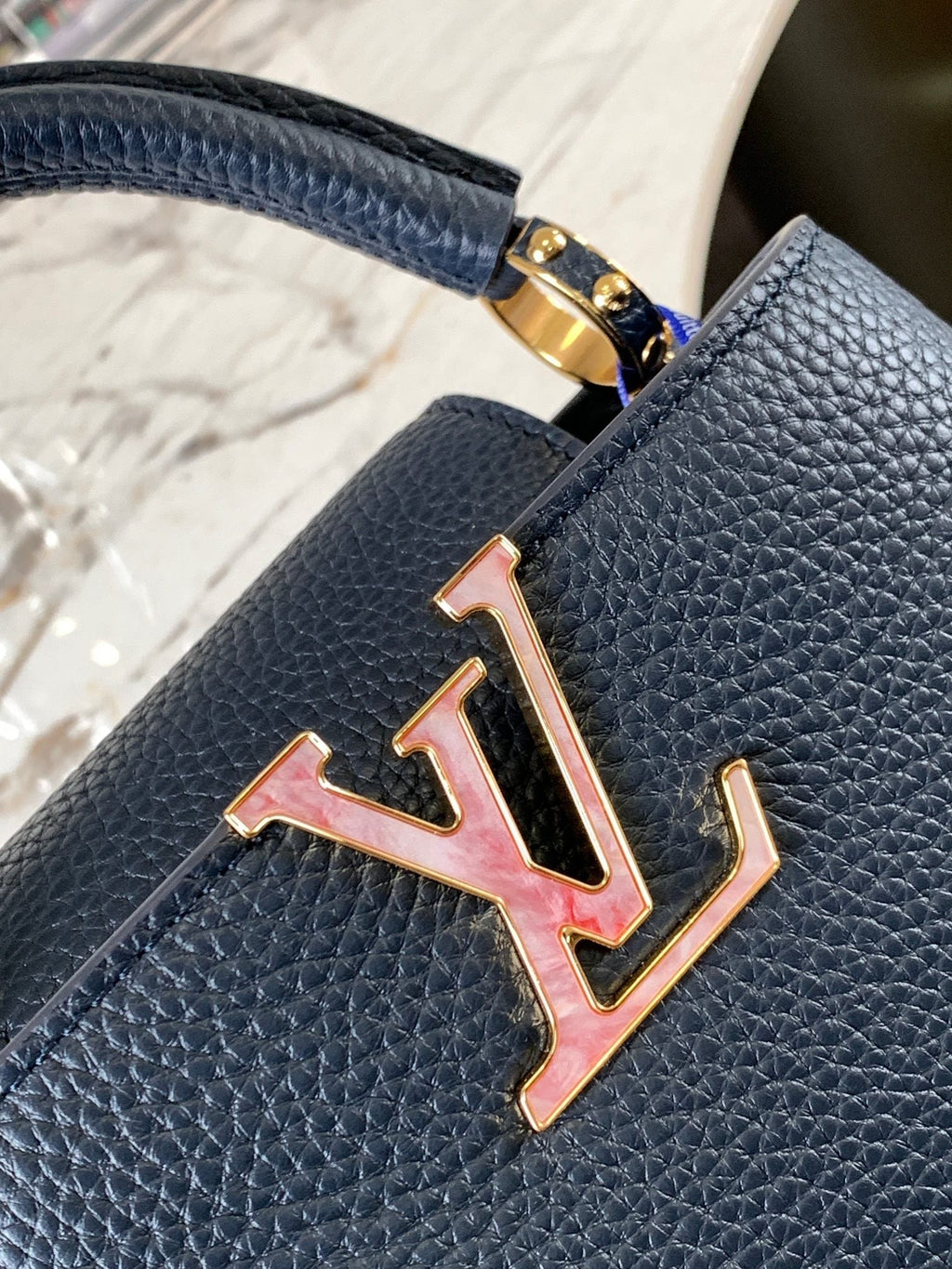 CAPUCINES MINI 21 MIDNIGHT BLUE TAURILLON LEATHER GOLD HARDWARE