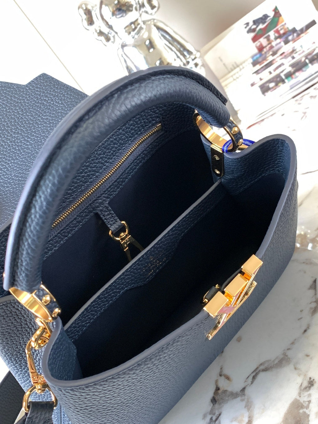 CAPUCINES BB 27 BLEU NUIT CUIR TAURILLON QUINCAILLERIE DORÉ