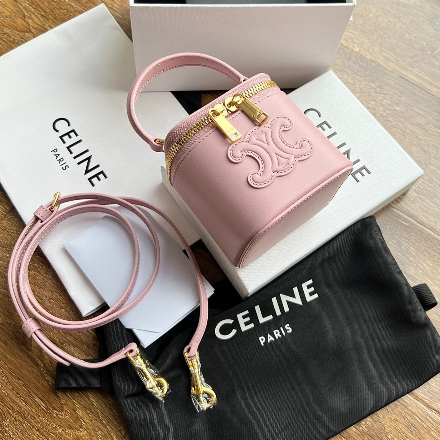 TROUSSE À COSMÉTIQUES 9 SAC EN CUIR DE VEAU LISSE ROSE PASTEL