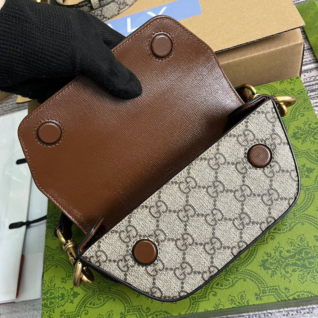SAC À MAIN GG MINI 13 EN TOILE BEIGE ET CUIR DE VEAU MARRON