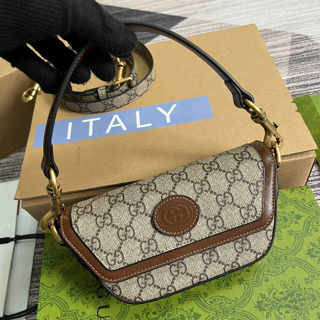 SAC À MAIN GG MINI 13 EN TOILE BEIGE ET CUIR DE VEAU MARRON