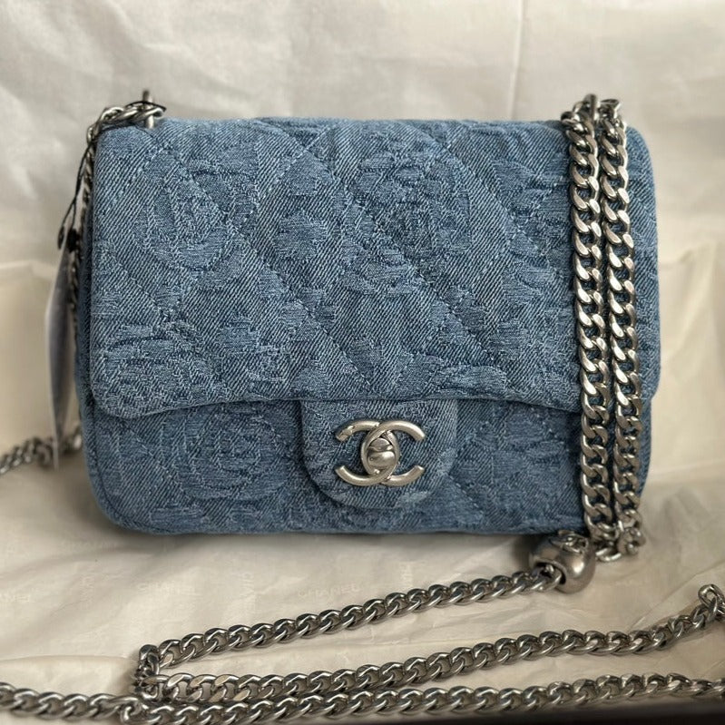 CC FLAP BAG 14CM BLUE DENIM SILVER HARDWARE