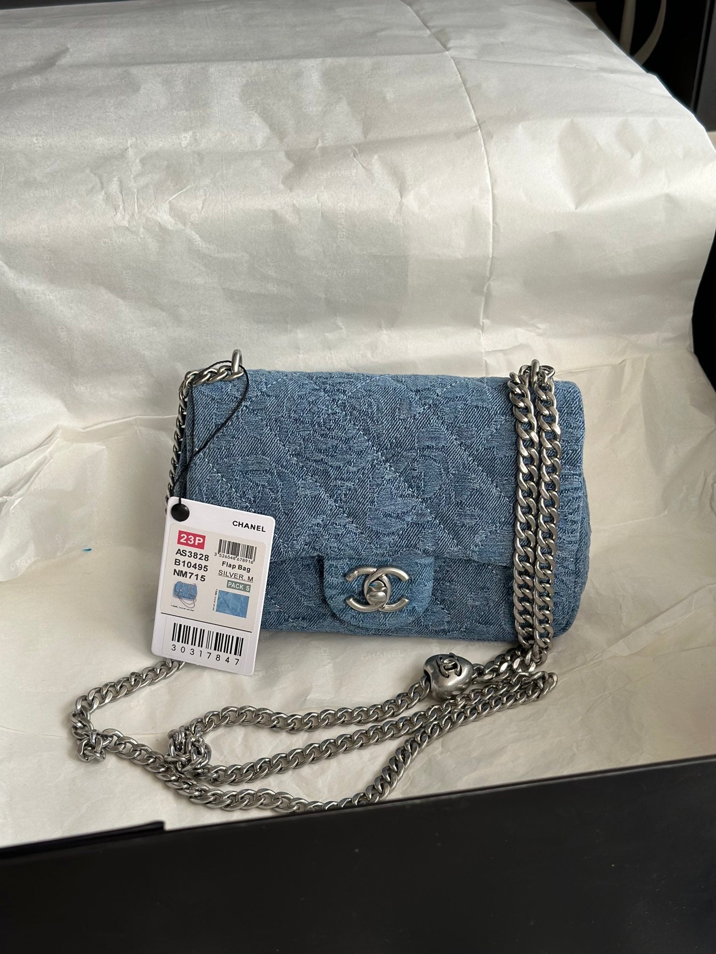 CC FLAP BAG 12CM BLUE DENIM SILVER HARDWARE