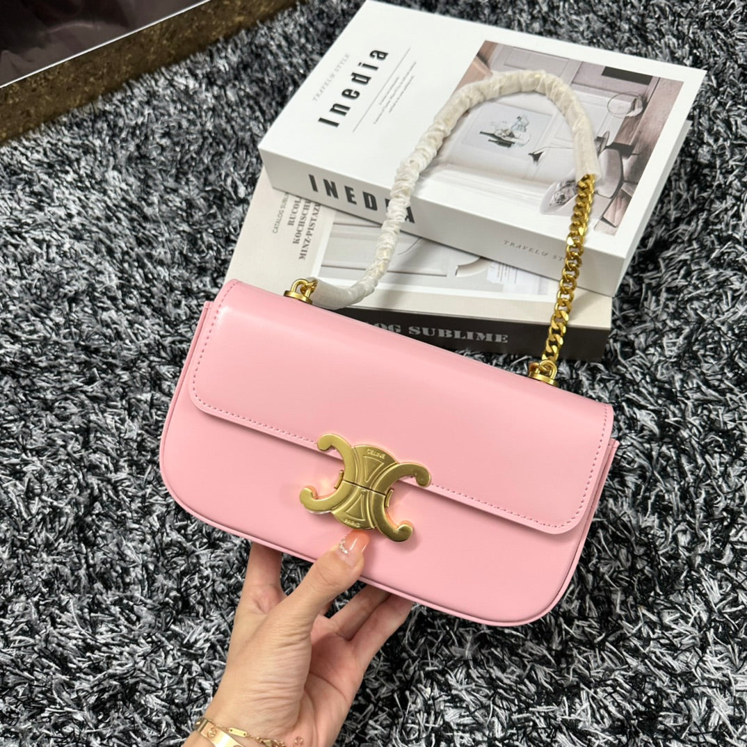SAC À BANDOULIÈRE CHAÎNE EN CUIR DE VACHE ROSE PASTEL TRIPHOME 20