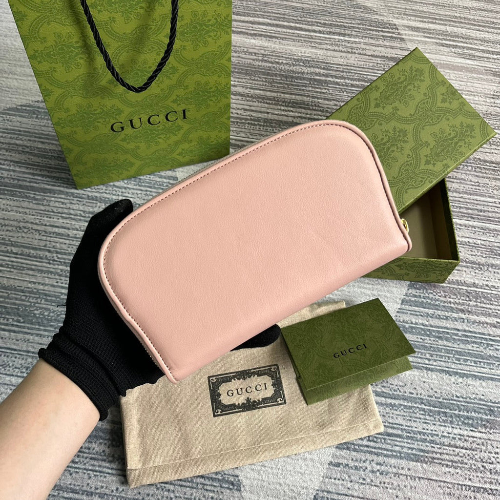 Portefeuille zippé GG Blondie 21 en cuir de veau rose clair