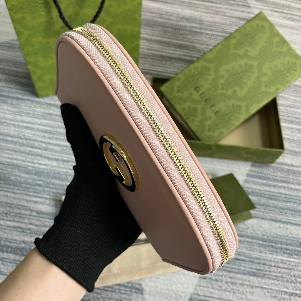 Portefeuille zippé GG Blondie 21 en cuir de veau rose clair