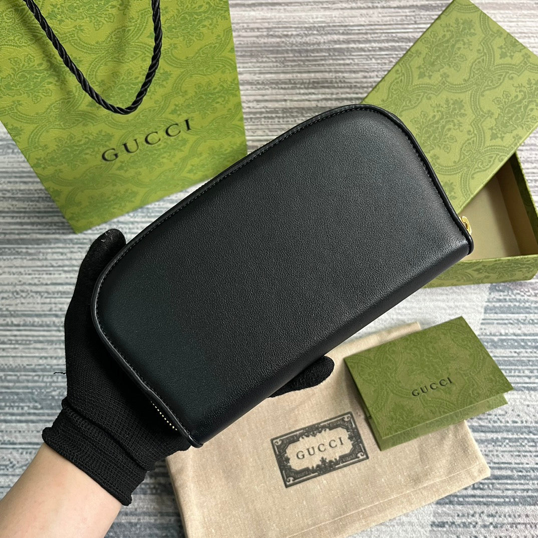 Portefeuille zippé GG Blondie 21 en cuir de veau noir