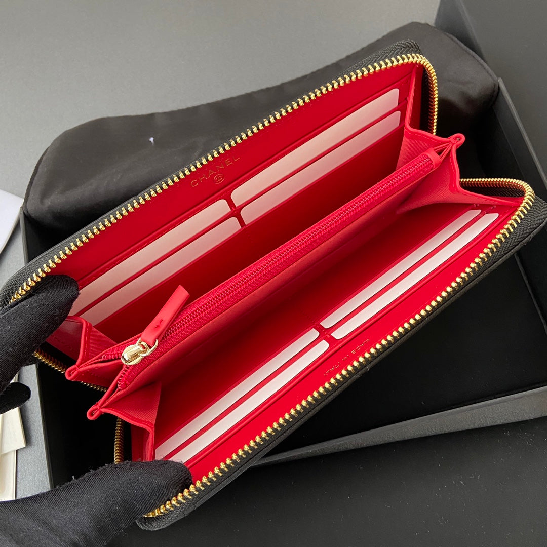 Portefeuille zippé CC 19 19 cm en cuir de veau noir