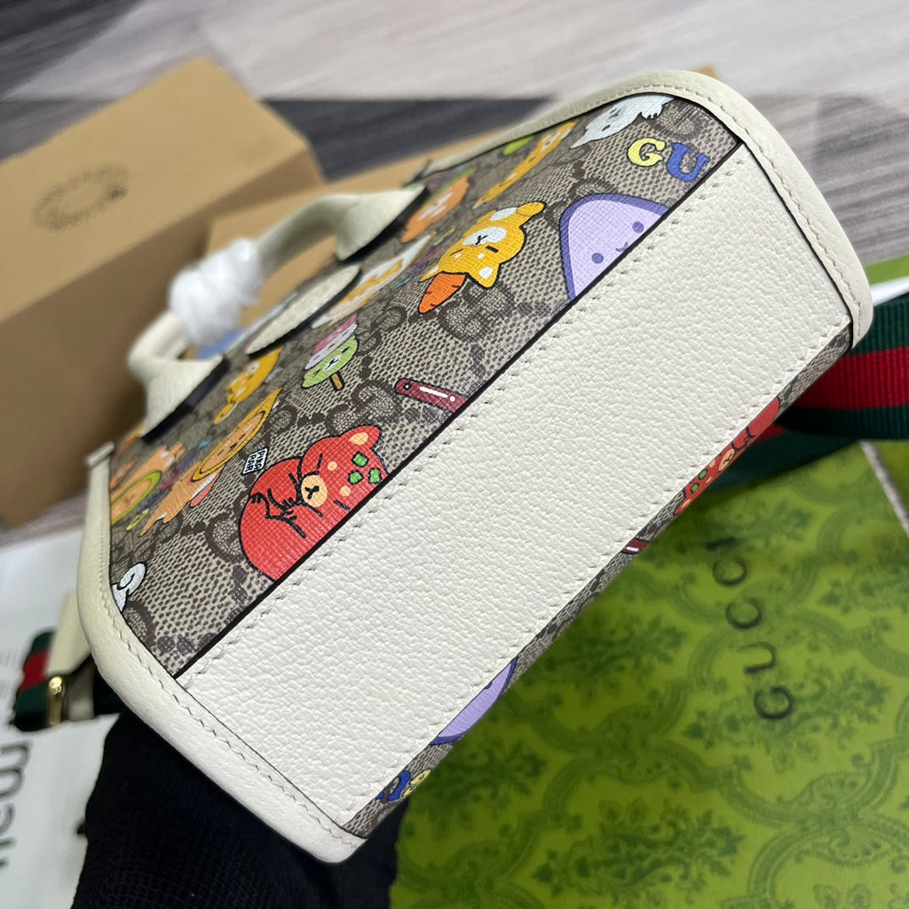 Sac fourre-tout GG MINI 20 imprimé animalier en toile beige et cuir de veau blanc