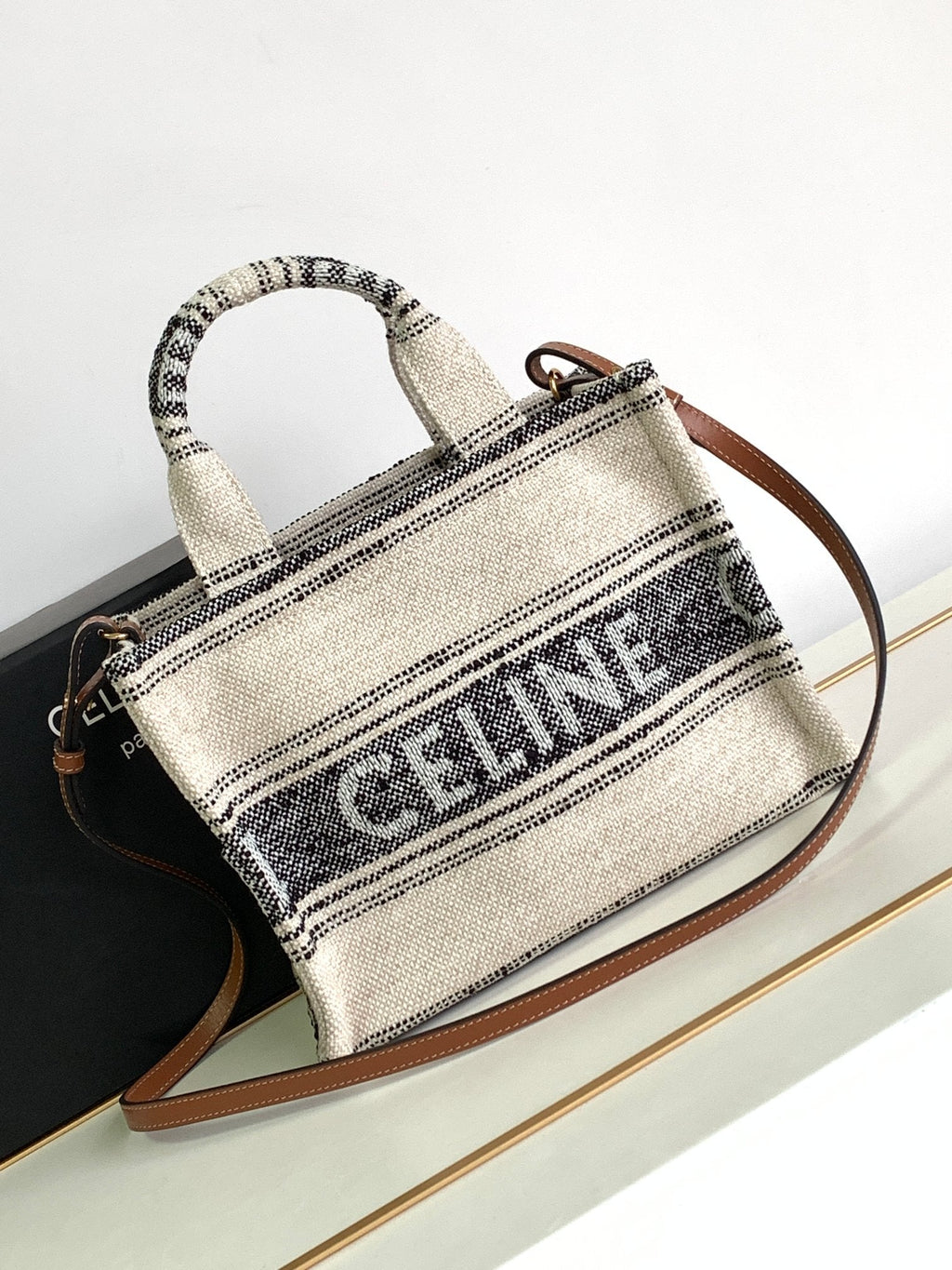 SMALL CABAS THAI 26 CREAM BLACK STRIPE TEXTILE