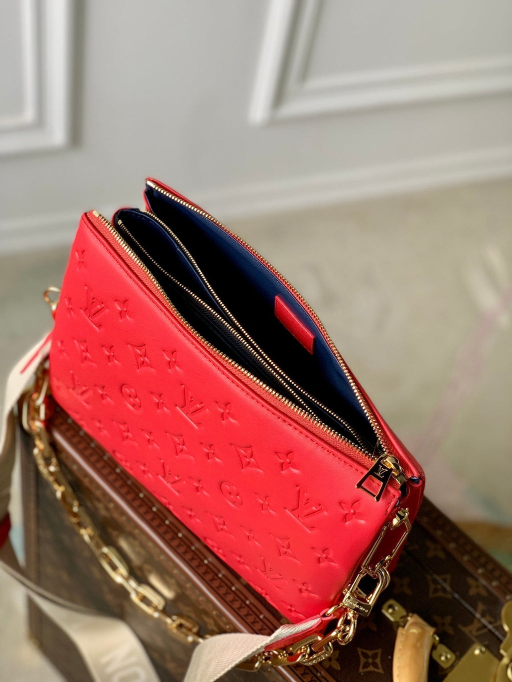 COUSSIN PM 26CM RED MONOGRAM EMPREINTE CALFSKIN