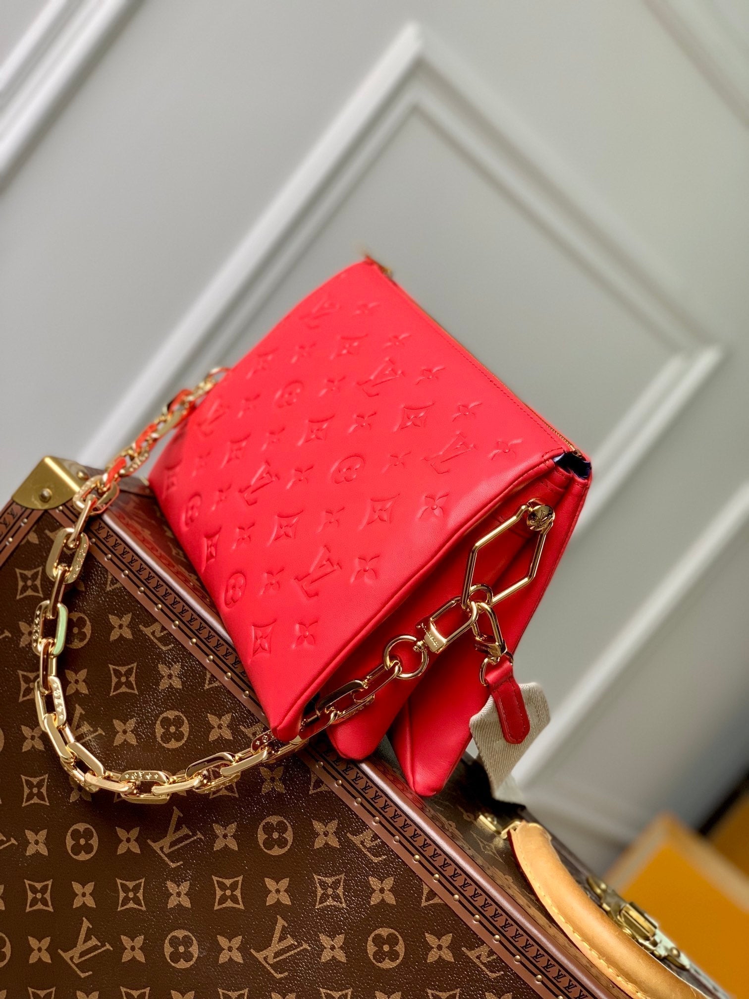 COUSSIN PM 26CM RED MONOGRAM EMPREINTE CALFSKIN