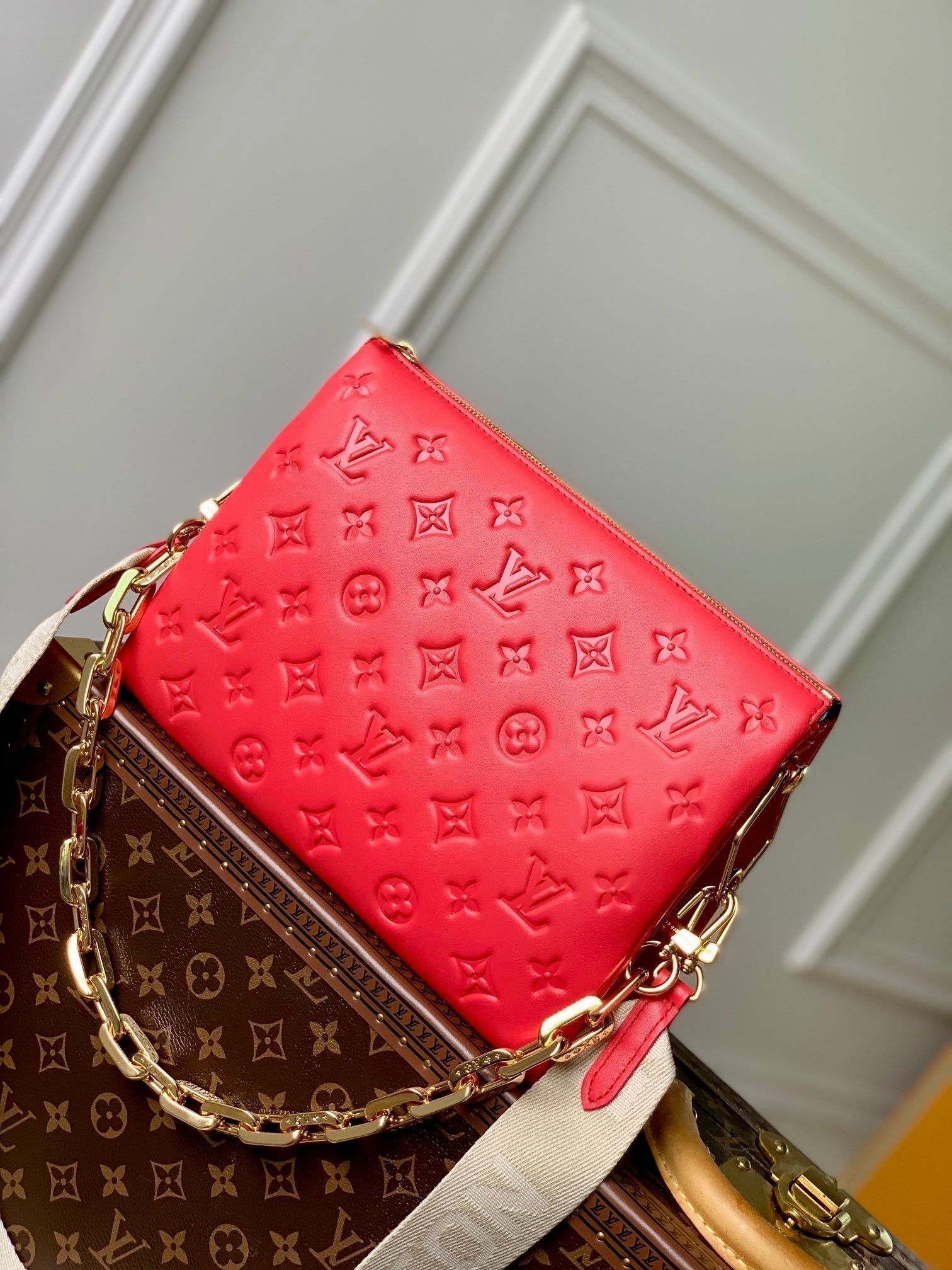 COUSSIN PM 26CM RED MONOGRAM EMPREINTE CALFSKIN