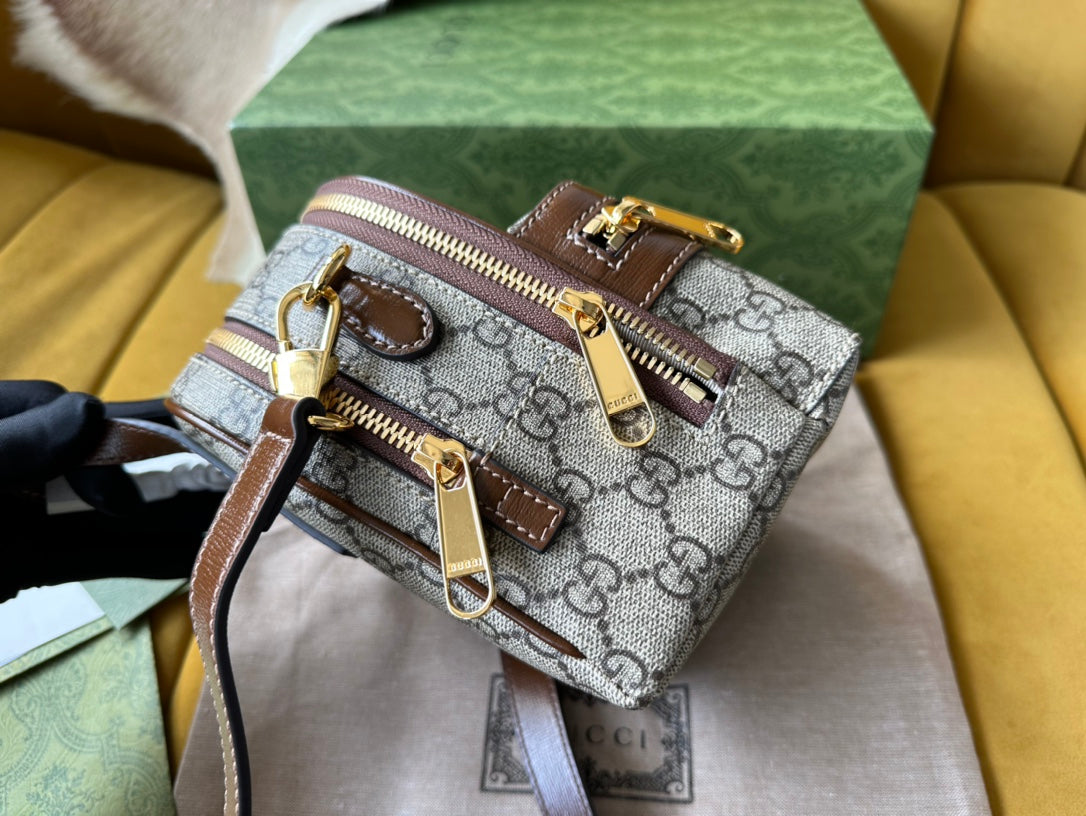 SAC À DOS GG MULTIFONCTION MINI 19 EN TOILE BEIGE ET MARRON
