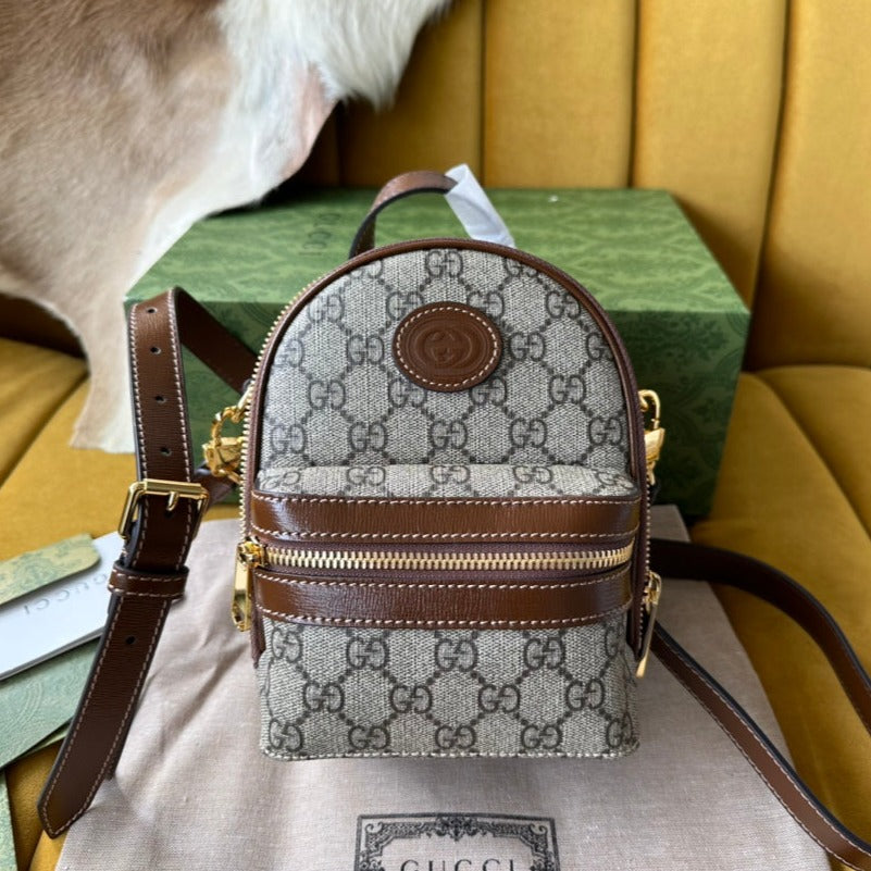 SAC À DOS GG MULTIFONCTION MINI 19 EN TOILE BEIGE ET MARRON