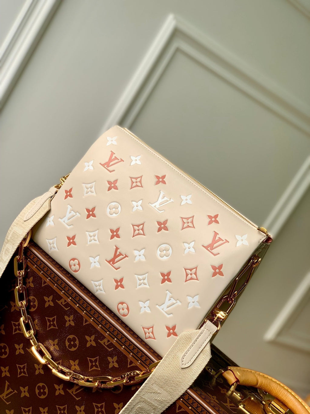 COUSSIN PM 26CM CREAM RED WHITE MONOGRAM EMPREINTE CALFSKIN