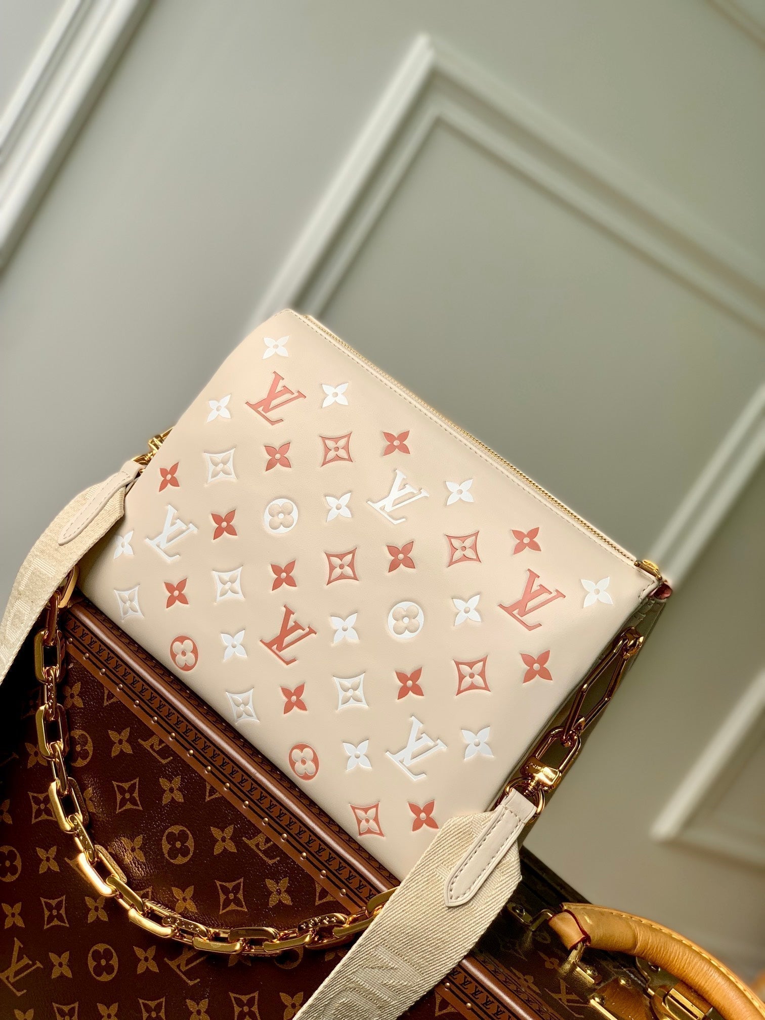 COUSSIN PM 26CM CREAM RED WHITE MONOGRAM EMPREINTE CALFSKIN