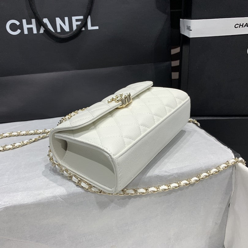 23P FLAP BAG 19CM WHITE CAVIAR GOLD HARDWARE