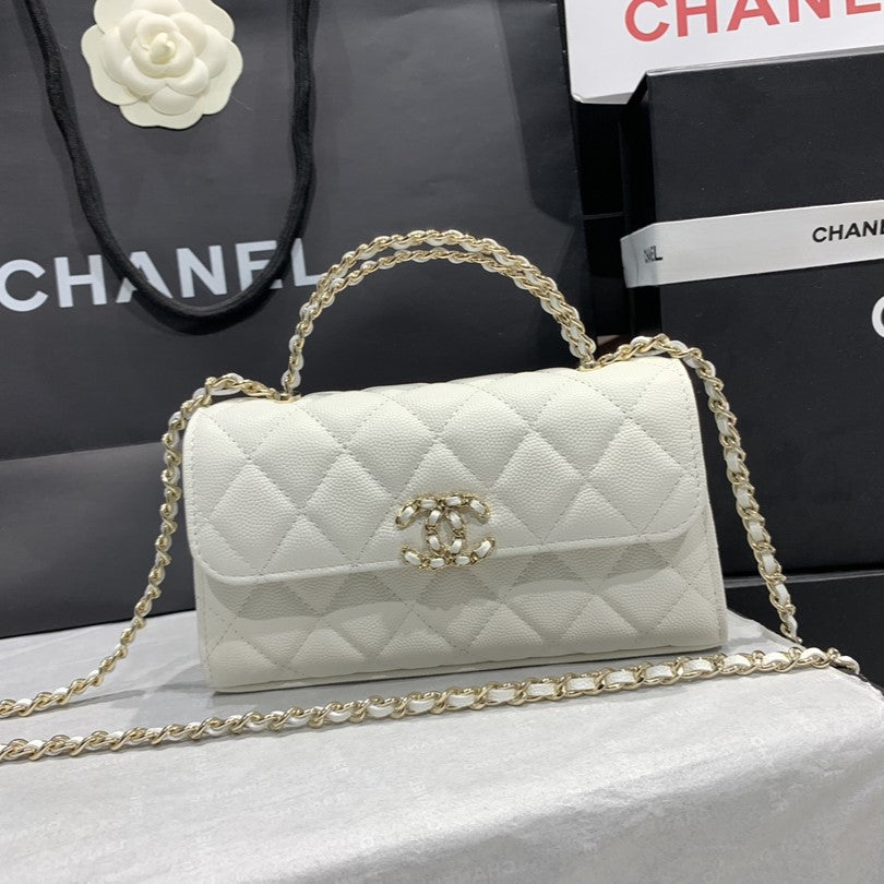 23P FLAP BAG 19CM WHITE CAVIAR GOLD HARDWARE
