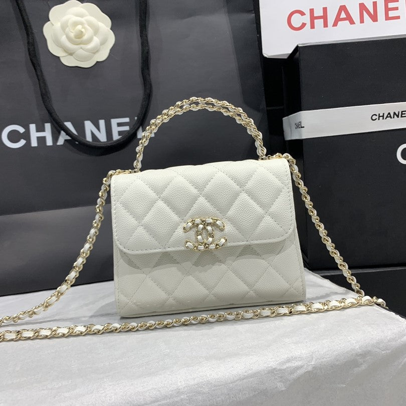 23P FLAP BAG 15CM WHITE CAVIAR GOLD HARDWARE