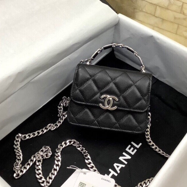 CC MINI WOC 13CM WITH TOP HANDLE BLACK QUILTED CAVIAR LEATHER SILVER HARDWARE