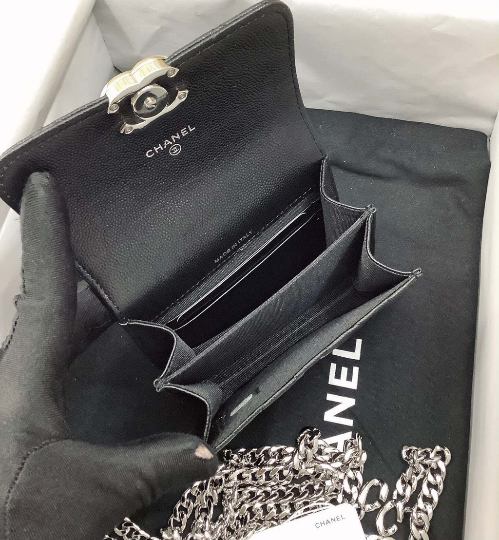 CC MINI WOC 13CM WITH TOP HANDLE BLACK QUILTED CAVIAR LEATHER SILVER HARDWARE