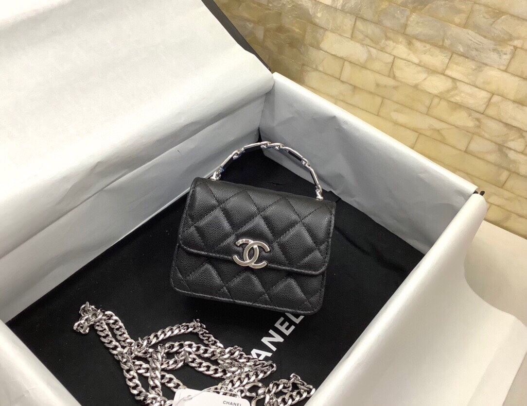 CC MINI WOC 13CM WITH TOP HANDLE BLACK QUILTED CAVIAR LEATHER SILVER HARDWARE