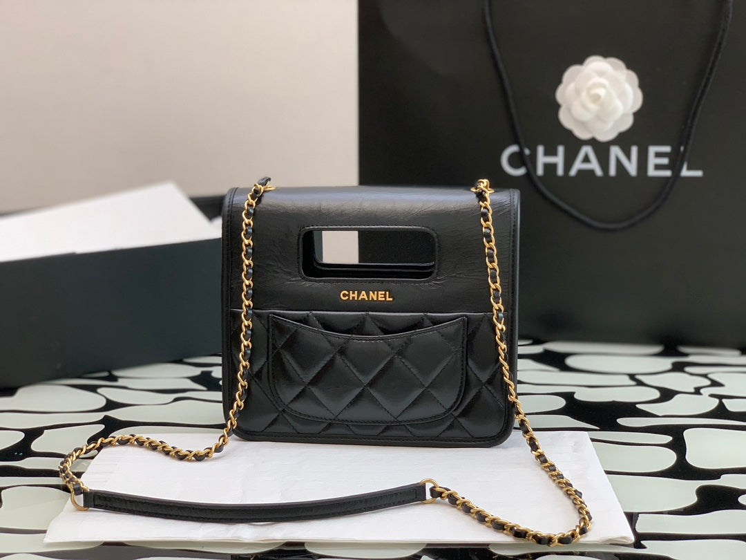 CC QUILTED MINI GRAPHIC CATCH FLAP BAG BLACK LAMBSKIN