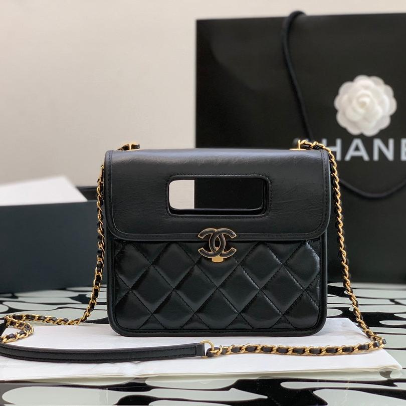 CC QUILTED MINI GRAPHIC CATCH FLAP BAG BLACK LAMBSKIN