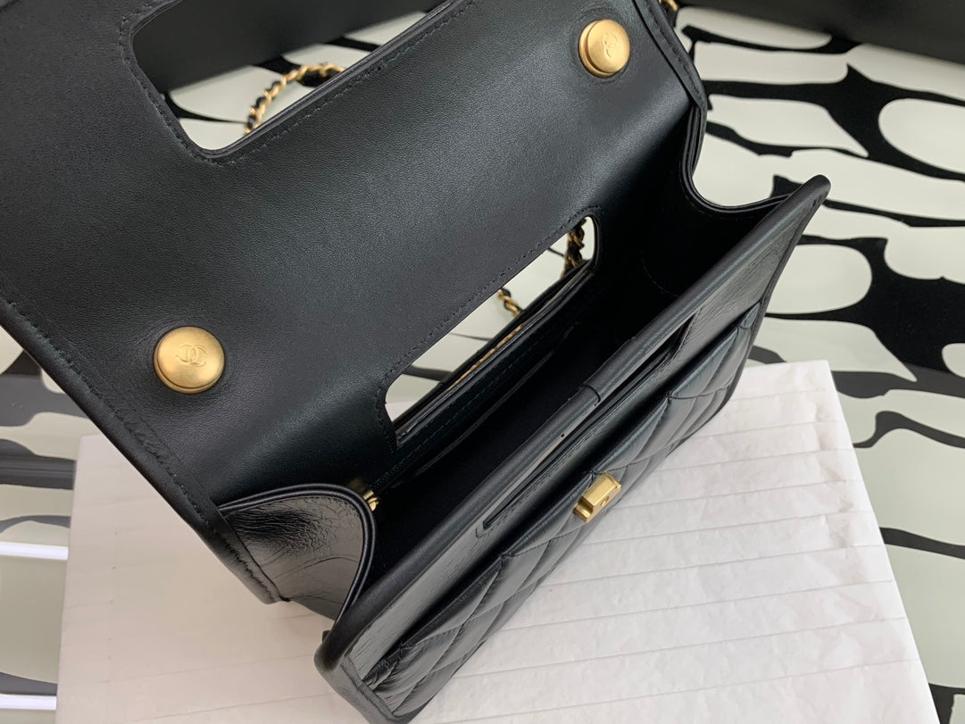 CC QUILTED MINI GRAPHIC CATCH FLAP BAG BLACK LAMBSKIN