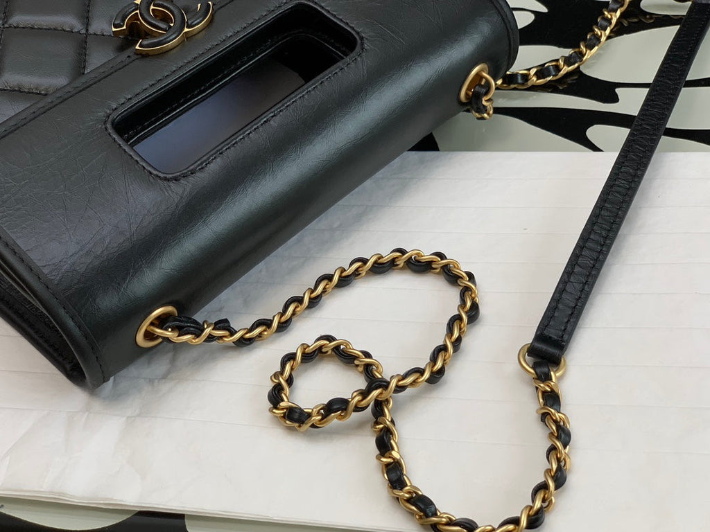 CC QUILTED MINI GRAPHIC CATCH FLAP BAG BLACK LAMBSKIN
