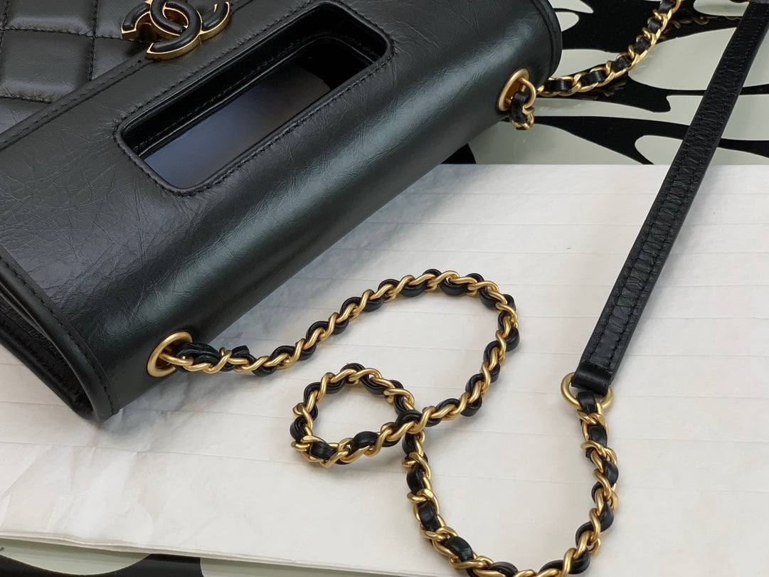 CC QUILTED MINI GRAPHIC CATCH FLAP BAG BLACK LAMBSKIN
