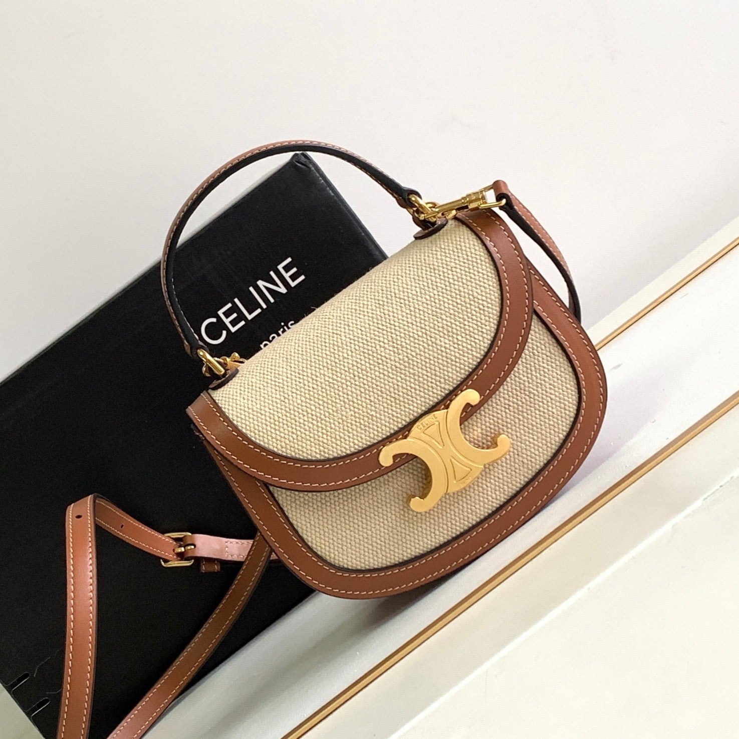 BESACE CHAÎNE ADOLESCENT TRIOMPHE 15,5CM TEXTILE ET CUIR DE VEAU TAN